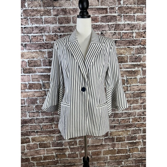 Cabi Women's Blazer Striped Blue White Open Front Bell Sleeve Size 8 Career NWOT - Picture 1 of 13